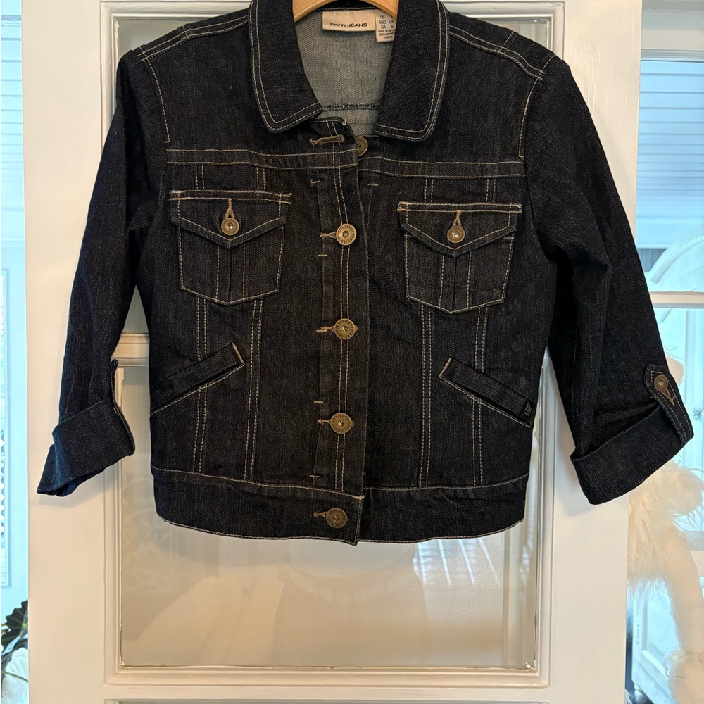 Dkny Blue Cropped Jean Jacket with 3/4 Sleeves